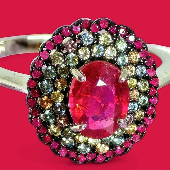 925 Sterling Silver Ring Sz 7.75 with Natural Oval Ruby 6×8mm & Myanmar Sapphire - Picture 8 of 12